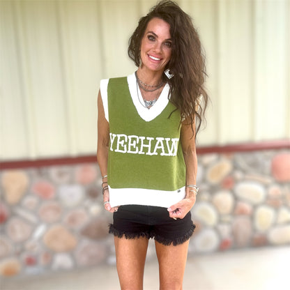 Yeehaw Sweater Vest Olive/Ivory