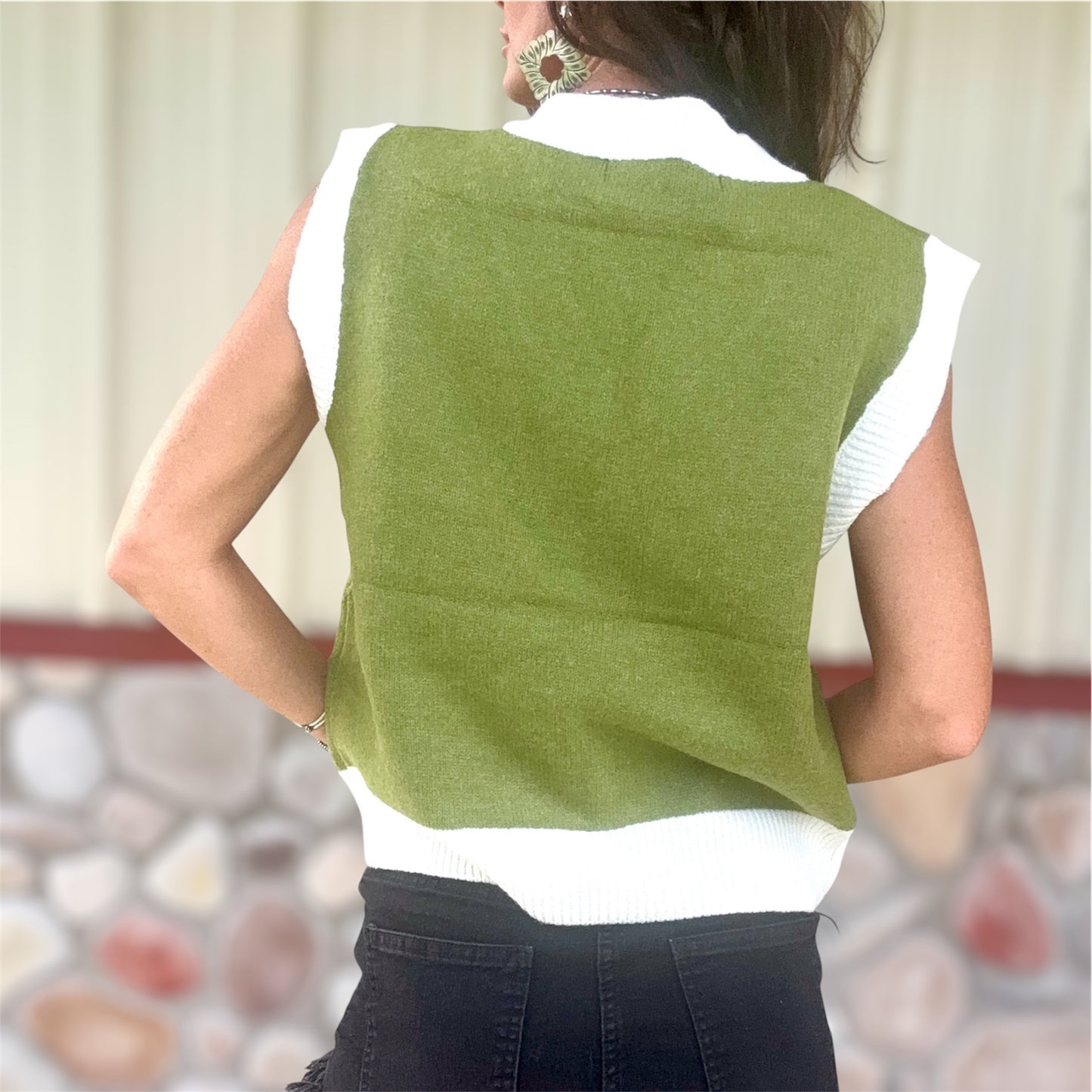 Yeehaw Sweater Vest Olive/Ivory