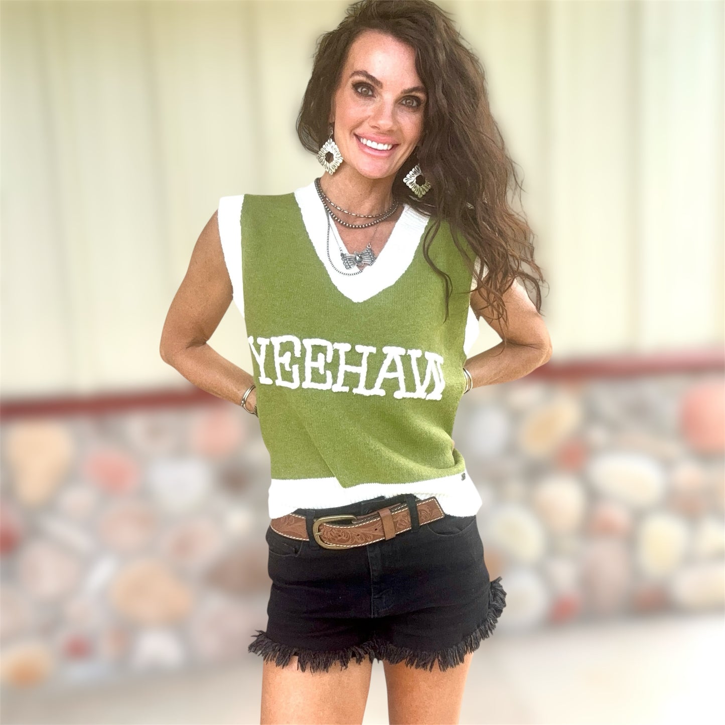 Yeehaw Sweater Vest Olive/Ivory