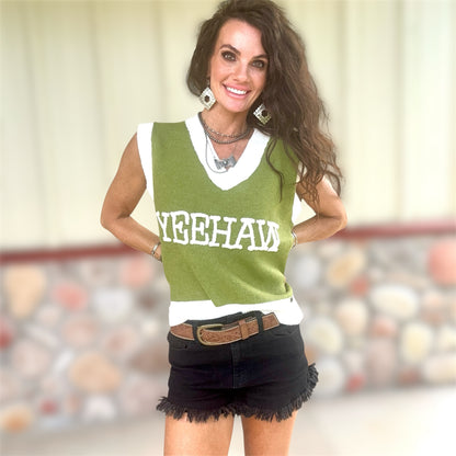 Yeehaw Sweater Vest Olive/Ivory