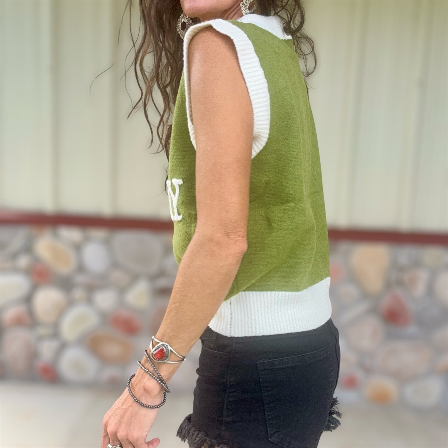 Yeehaw Sweater Vest Olive/Ivory
