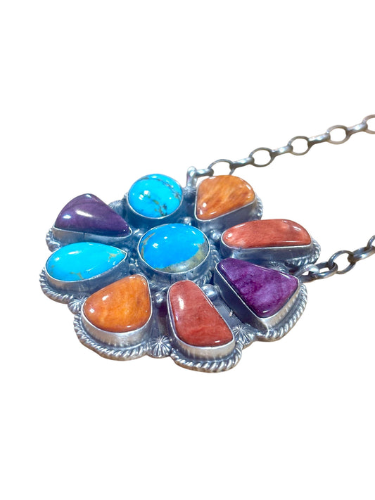 16" Multi-Stone Turquoise & Spiny Oyster Cluster Necklace By Elouise Kee