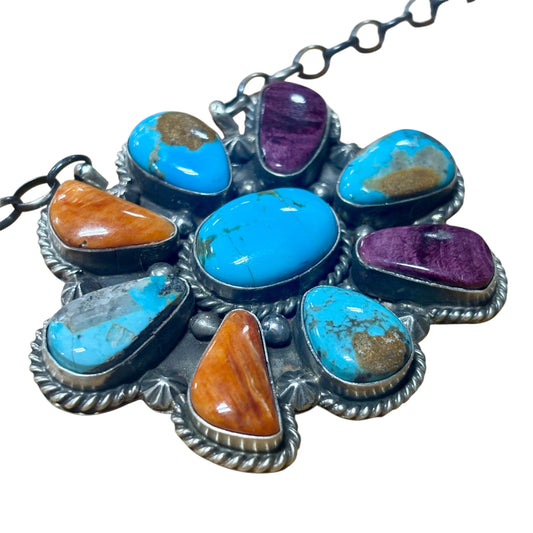 16" Multi-Stone Turquoise & Spiny Oyster Cluster Necklace By Elouise Kee