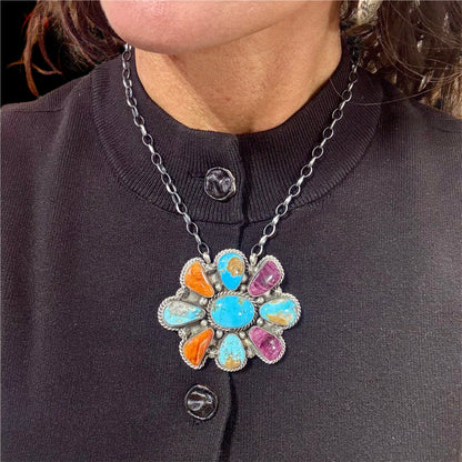 16" Multi-Stone Turquoise & Spiny Oyster Cluster Necklace By Elouise Kee
