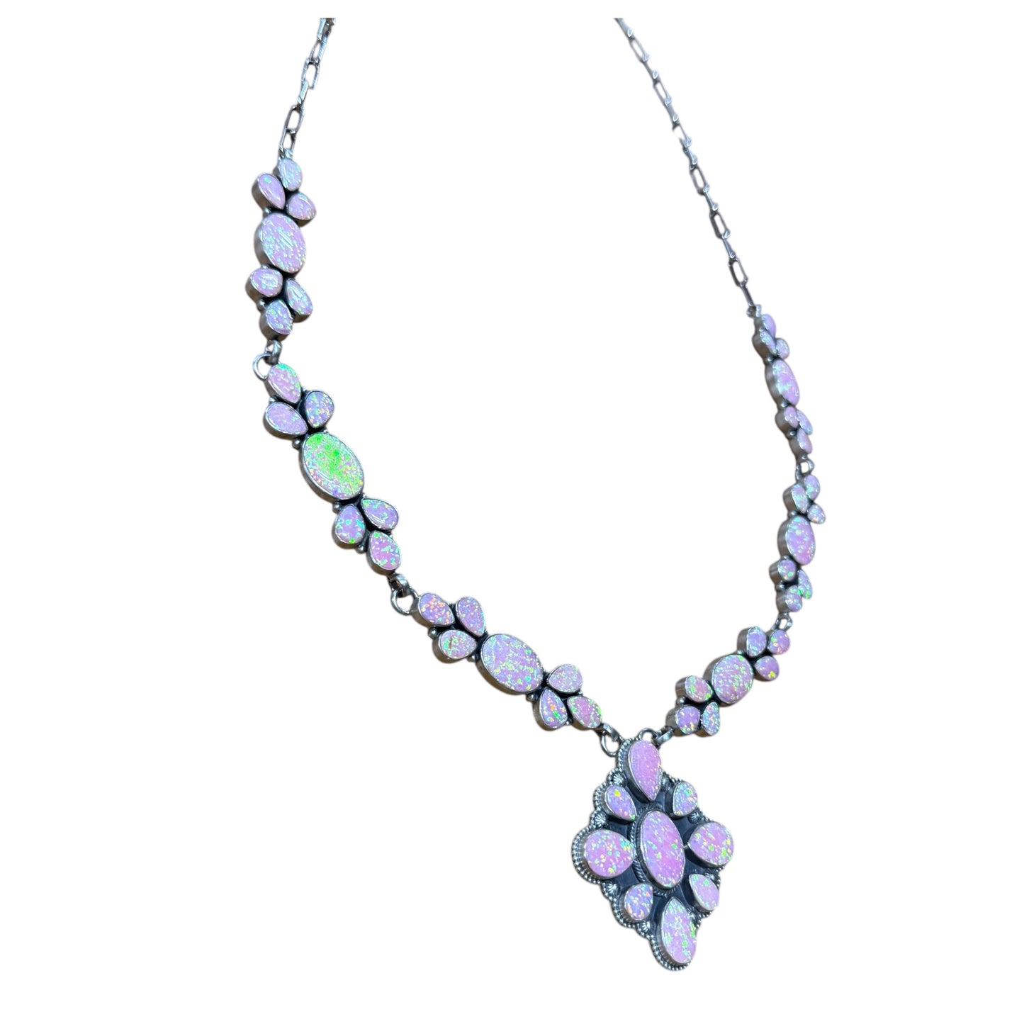 31" with 2"  Cluster Pendant Pink Opal Necklace