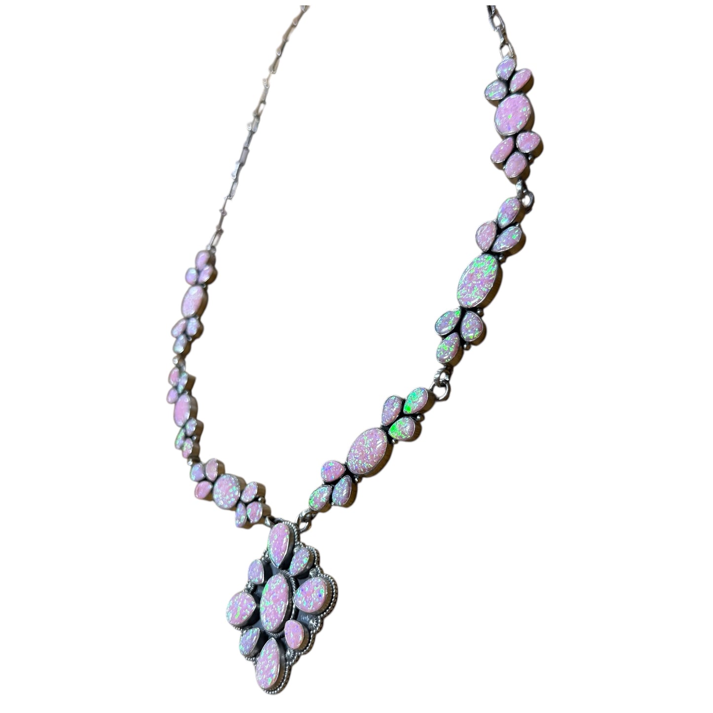 31" with 2"  Cluster Pendant Pink Opal Necklace