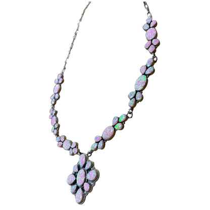 31" with 2"  Cluster Pendant Pink Opal Necklace