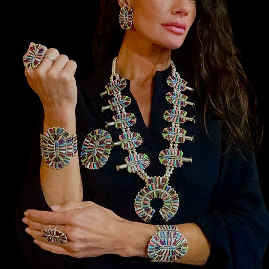 Mixed Block Stone Squash Blossom Necklace Set