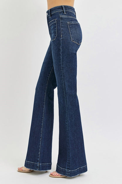 The Presley Plus Size Dark Wash High Rise Flare Front Patch Pocket Jeans