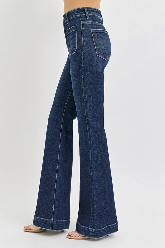The Presley Plus Size Dark Wash High Rise Flare Front Patch Pocket Jeans