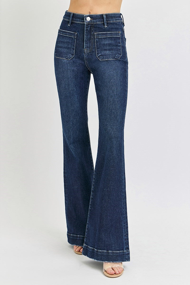 The Presley Plus Size Dark Wash High Rise Flare Front Patch Pocket Jeans