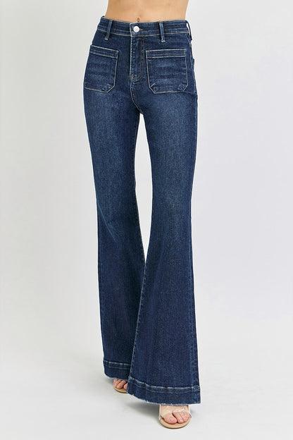 The Presley Plus Size Dark Wash High Rise Flare Front Patch Pocket Jeans