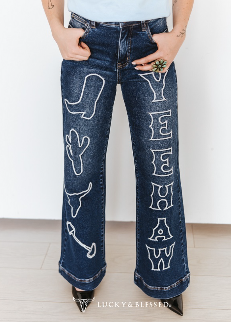Western Embroidery Mid Rise Wide Leg Jeans