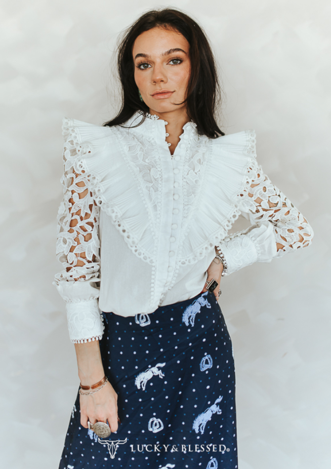 Bela Crochet Lace Ruffle Long Sleeve Top