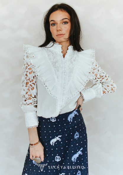 Bela Crochet Lace Ruffle Long Sleeve Top