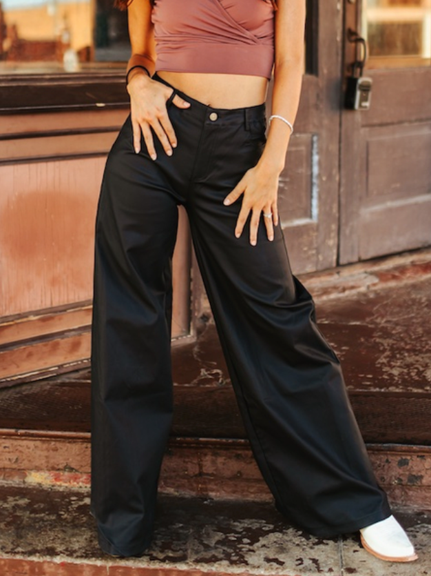 The Dahlia Black Faux Leather Wide Leg Pants Regular & Plus Size (Tummy Control)