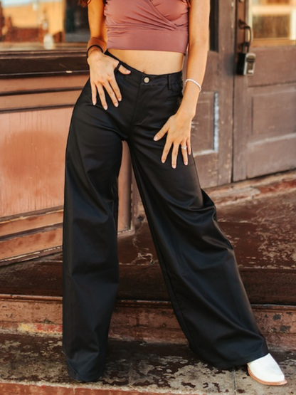 The Dahlia Black Faux Leather Wide Leg Pants Regular & Plus Size (Tummy Control)
