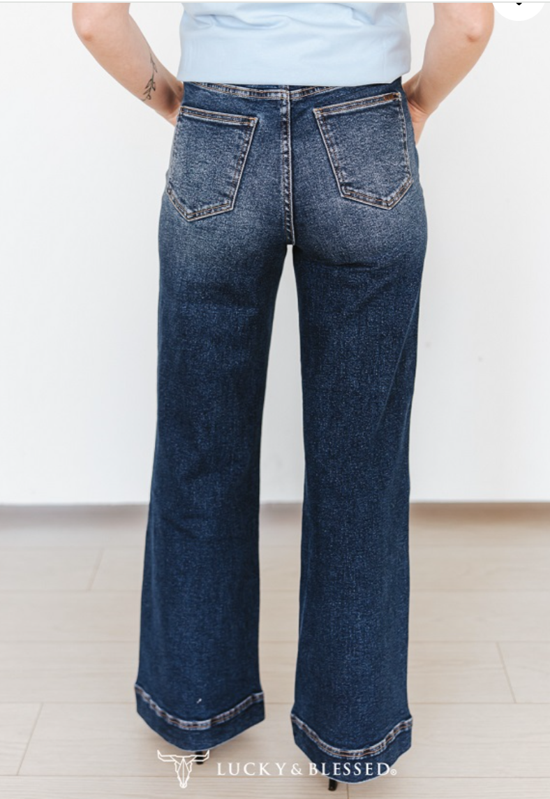 Western Embroidery Mid Rise Wide Leg Jeans