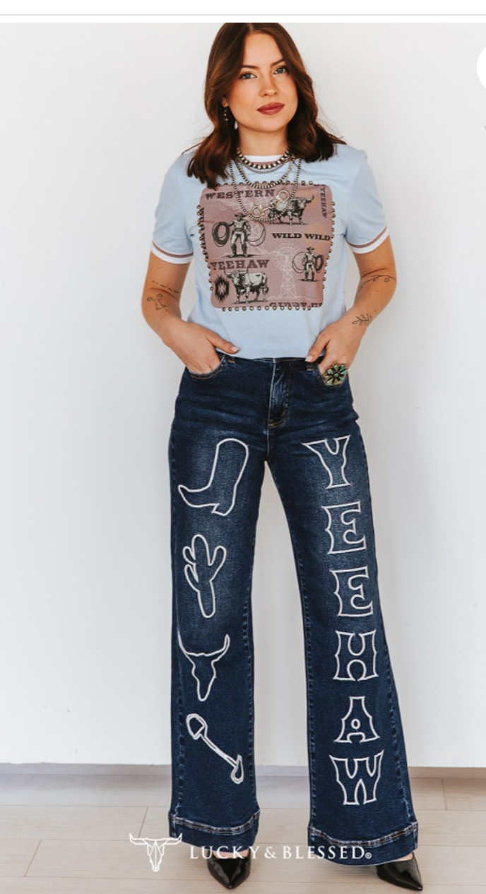 Western Embroidery Mid Rise Wide Leg Jeans