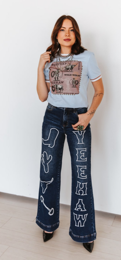 Western Embroidery Mid Rise Wide Leg Jeans