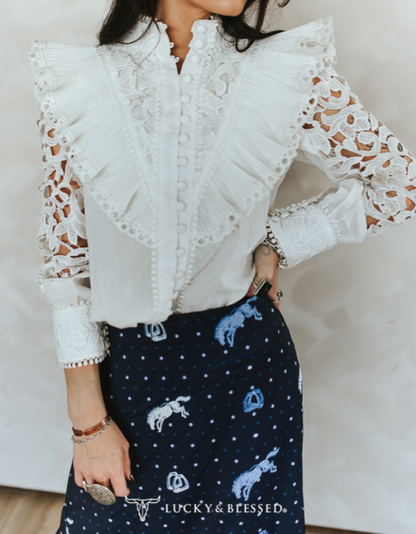 Bela Crochet Lace Ruffle Long Sleeve Top