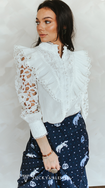 Bela Crochet Lace Ruffle Long Sleeve Top