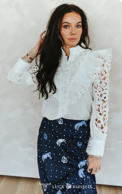 Bela Crochet Lace Ruffle Long Sleeve Top