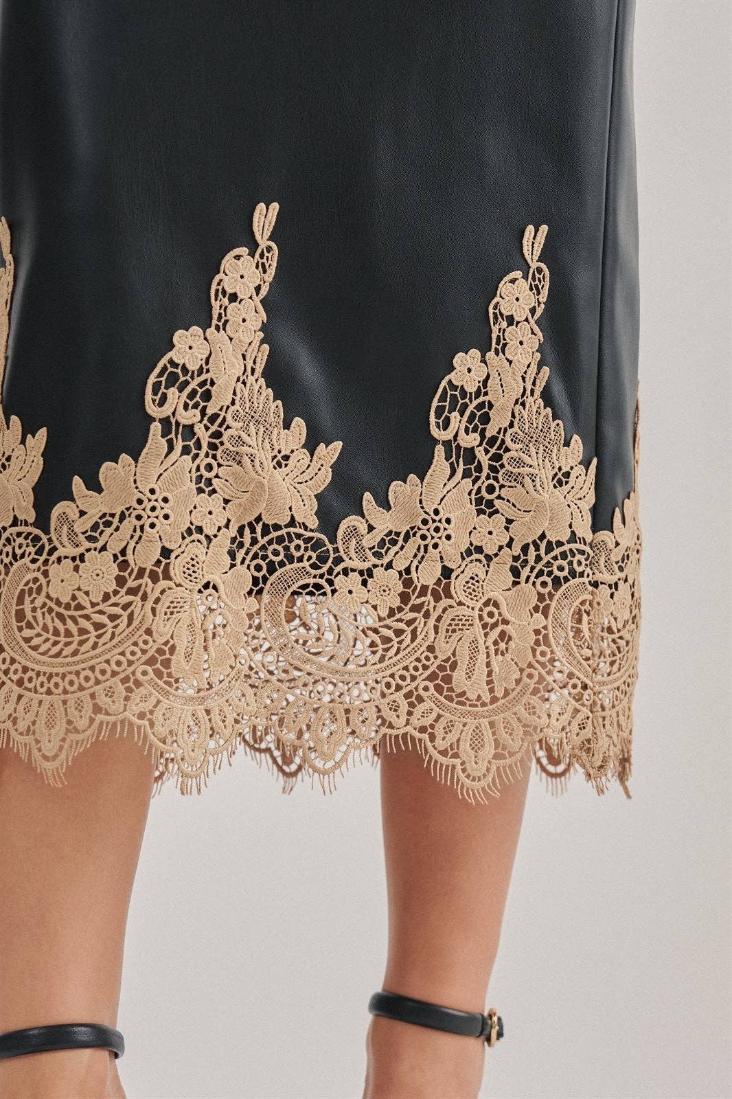 Kara Faux Leather Midi Skirt with Lace