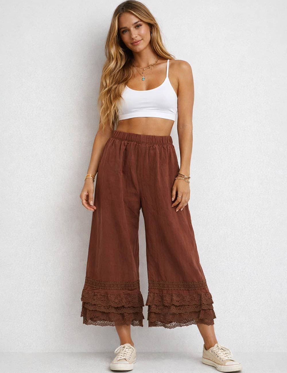 Sophie Lace Ruffle Wide Leg Pants: Coffee