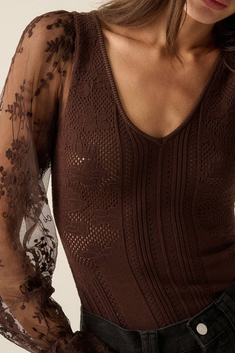 The Evie Lace Bubble-Sleeve Bodysuit: Chocolate