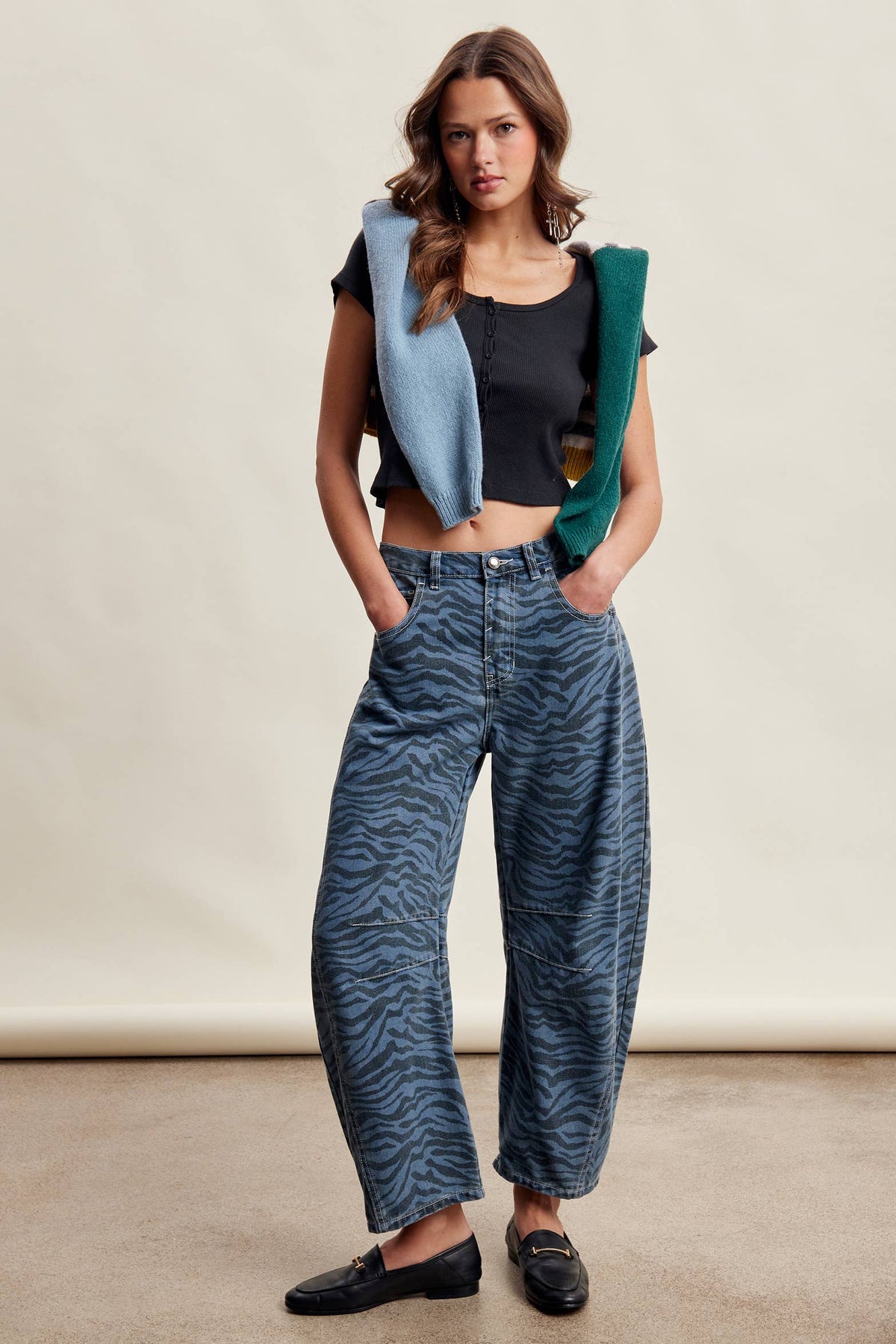 Zebra Print Barrel Jeans Mocha