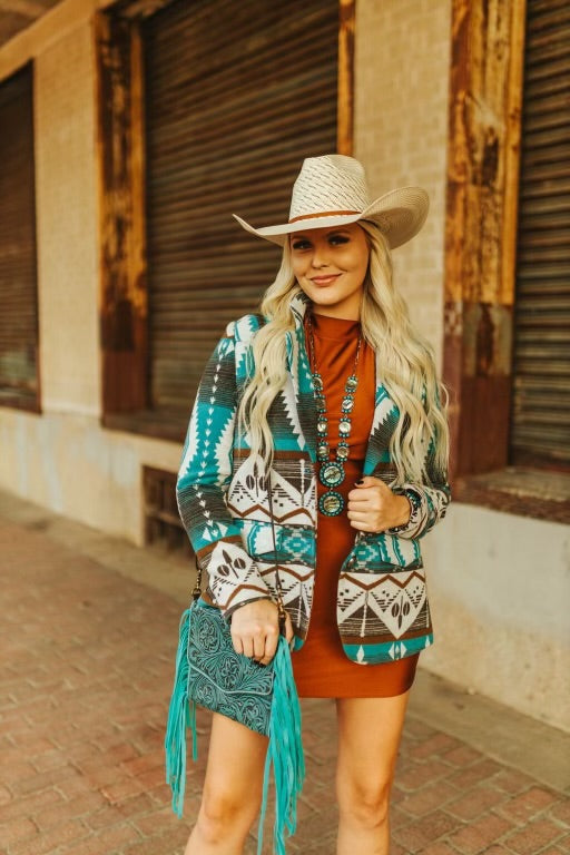 The Tillie Aztec Design Turquoise Blazer (Regular & Plus Size)