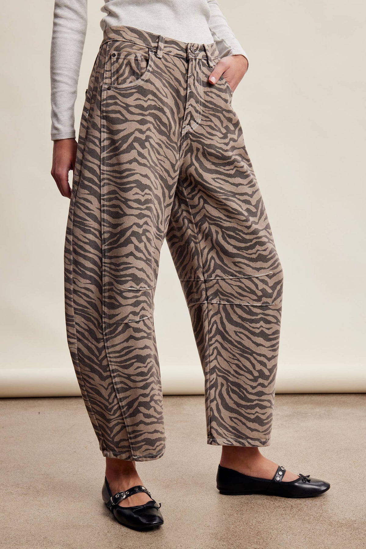 Zebra Print Barrel Jeans Mocha