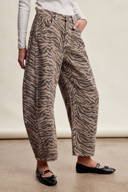 Zebra Print Barrel Jeans Mocha