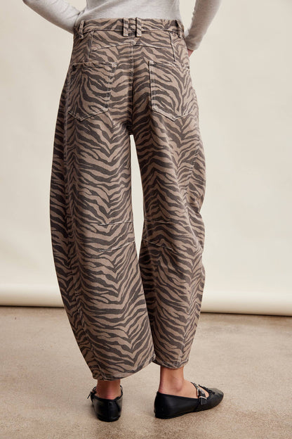 Zebra Print Barrel Jeans Mocha