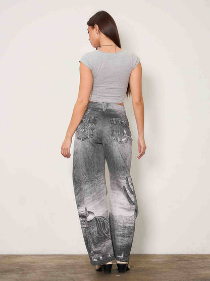 Mandi Printed Baggy Jeans: BLACK HORSE