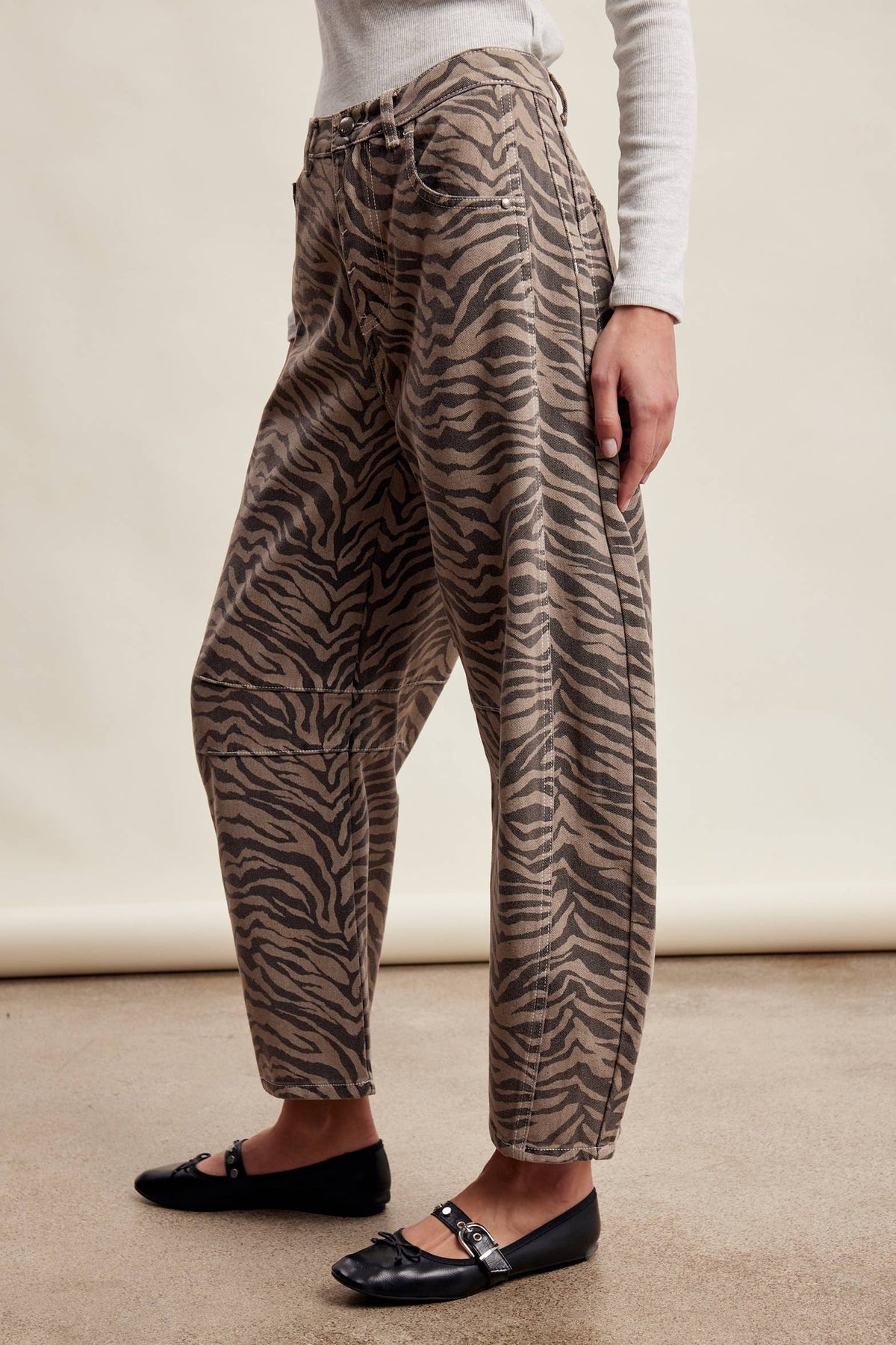 Zebra Print Barrel Jeans Mocha