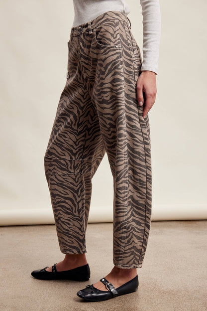 Zebra Print Barrel Jeans Mocha