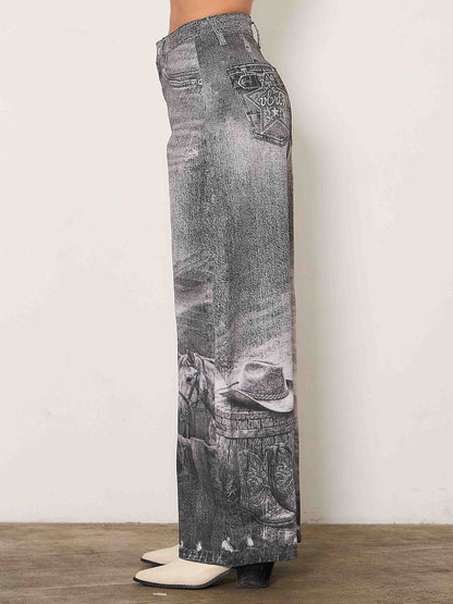Mandi Printed Baggy Jeans: BLACK HORSE