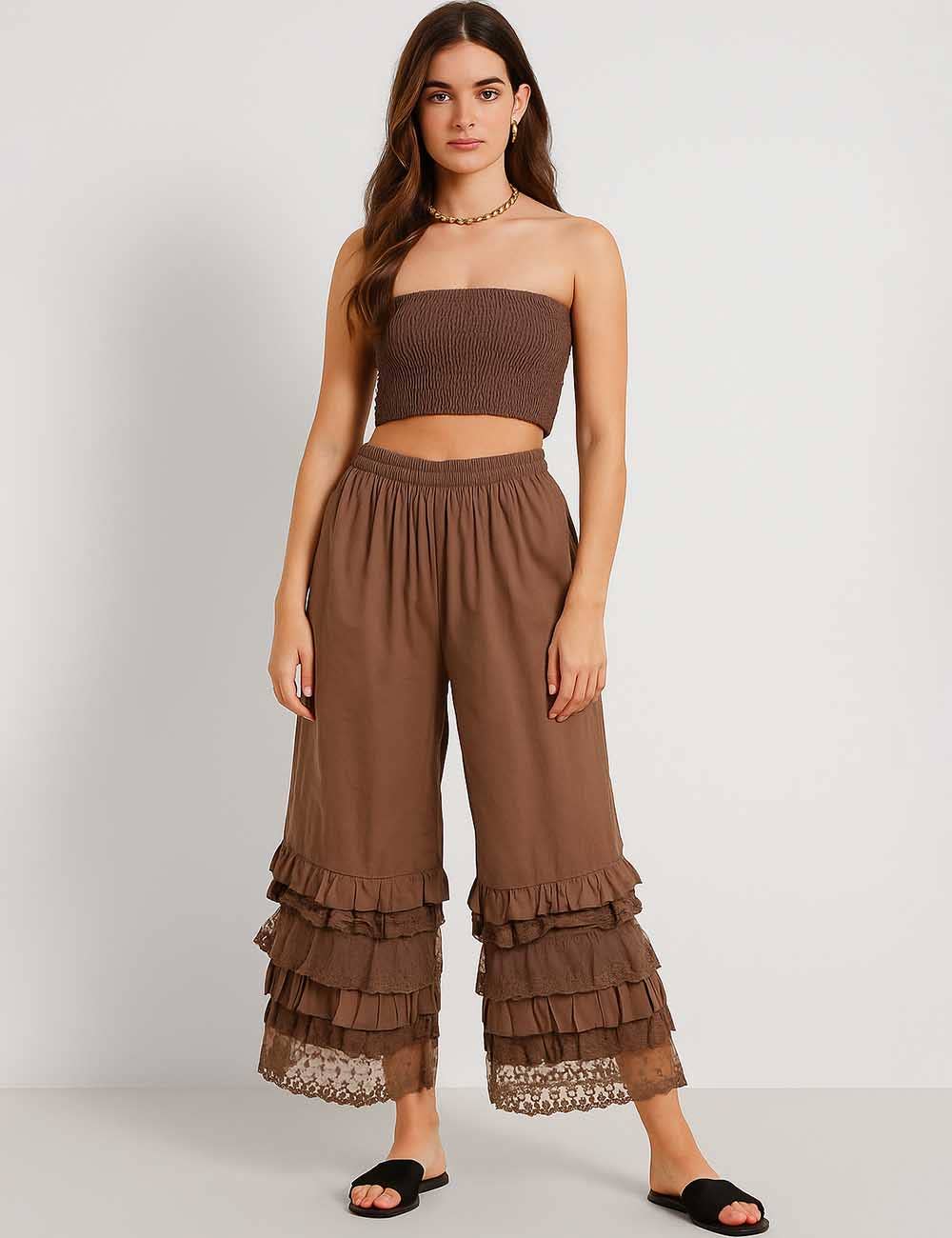 Sophie Lace Ruffle Wide Leg Pants: Coffee