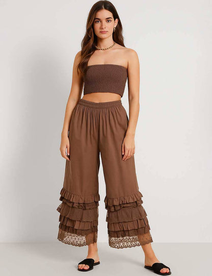 Sophie Lace Ruffle Wide Leg Pants: Coffee