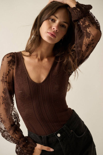 The Evie Lace Bubble-Sleeve Bodysuit: Chocolate