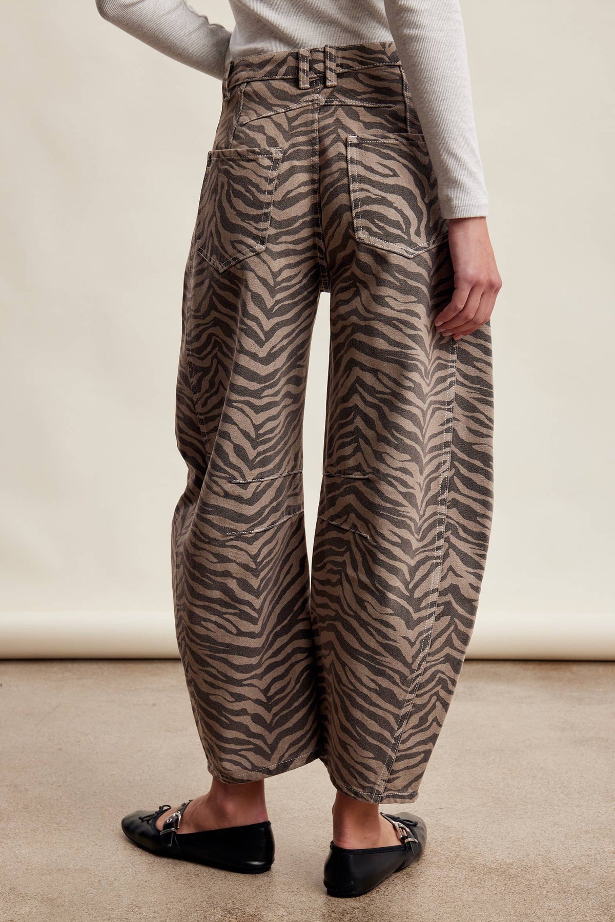 Zebra Print Barrel Jeans Mocha