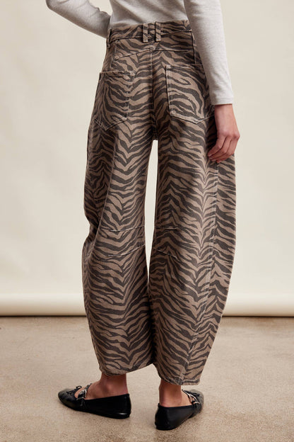 Zebra Print Barrel Jeans Mocha