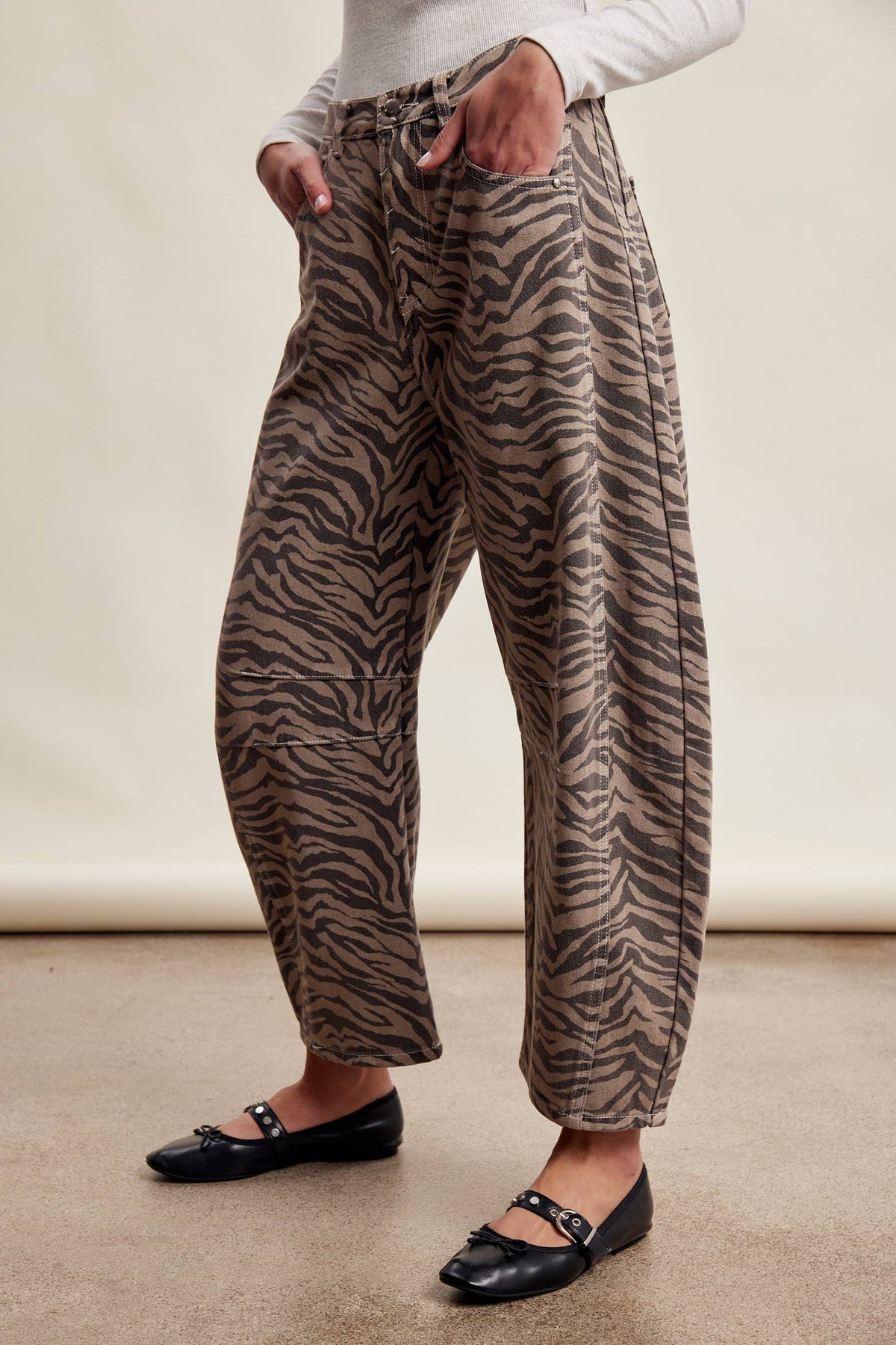 Zebra Print Barrel Jeans Mocha