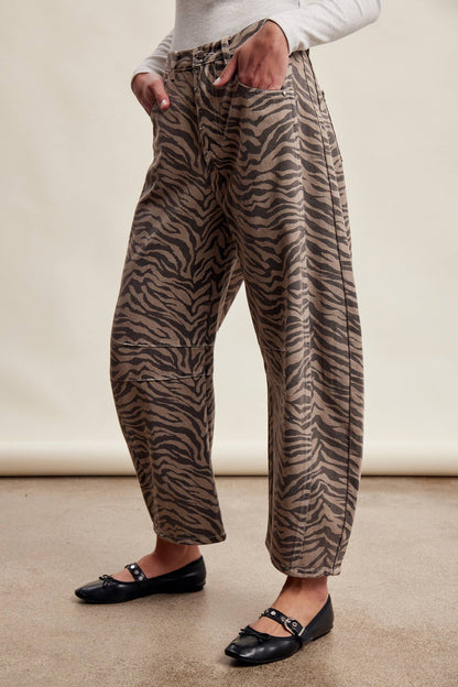 Zebra Print Barrel Jeans Mocha