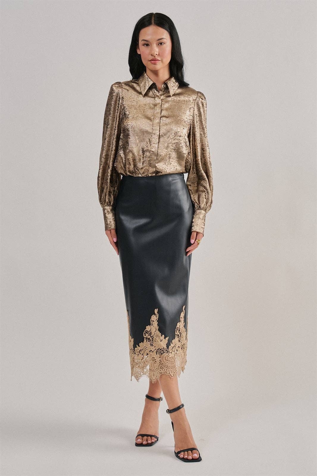 Kara Faux Leather Midi Skirt with Lace