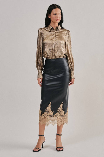 Kara Faux Leather Midi Skirt with Lace