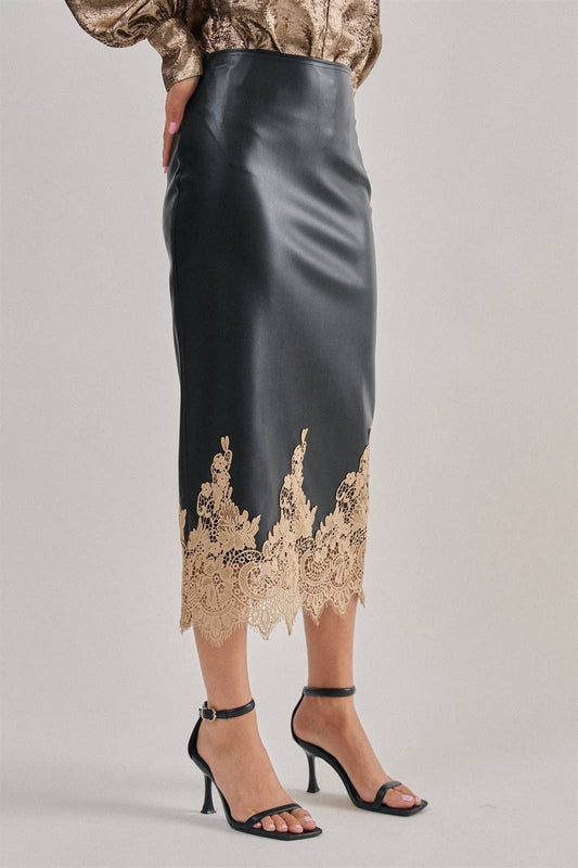 Kara Faux Leather Midi Skirt with Lace